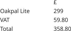 £ Oakpal Lite			299 VAT					59.80 Total				358.80